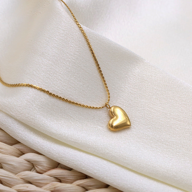 Puffed Heart Pendant Box Chain Necklace - Gold - 6