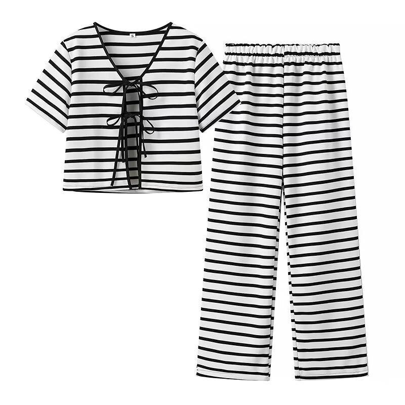 Striped Tie Front Tee and Trouser Set - Black
