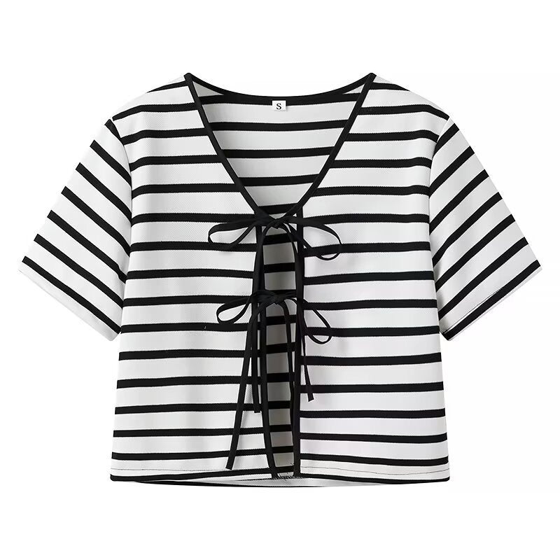 Striped Tie Front Tee and Trouser Set - Black - 1