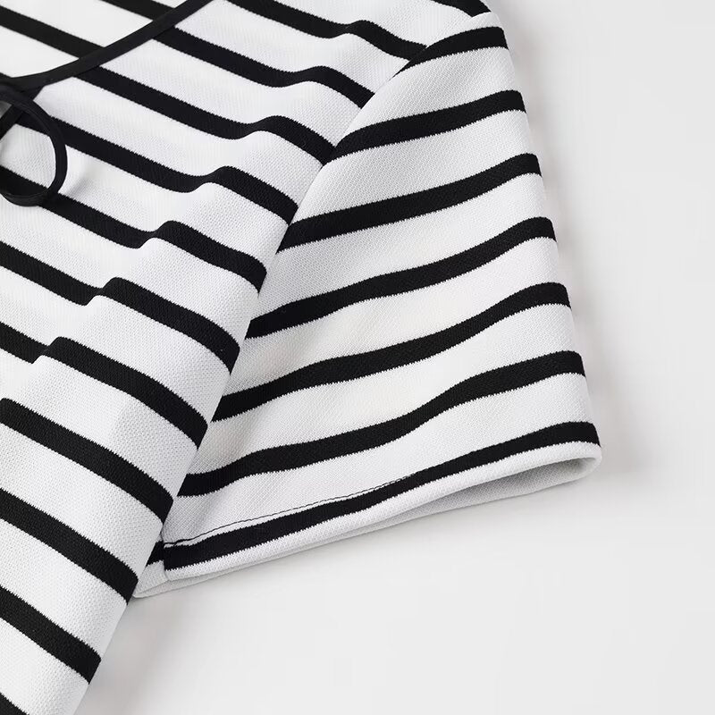 Striped Tie Front Tee and Trouser Set - Black - 10