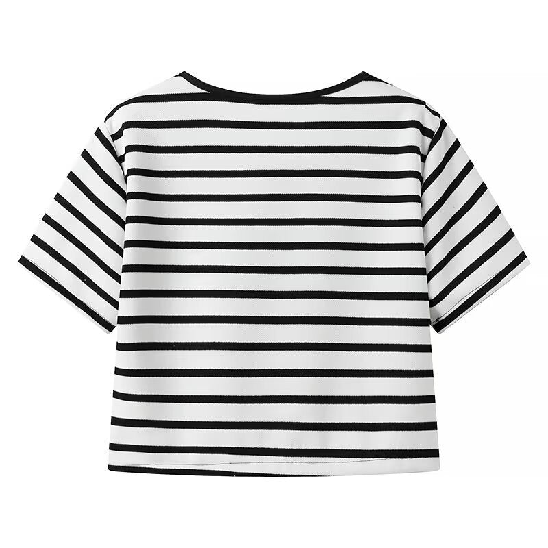 Striped Tie Front Tee and Trouser Set - Black - 2