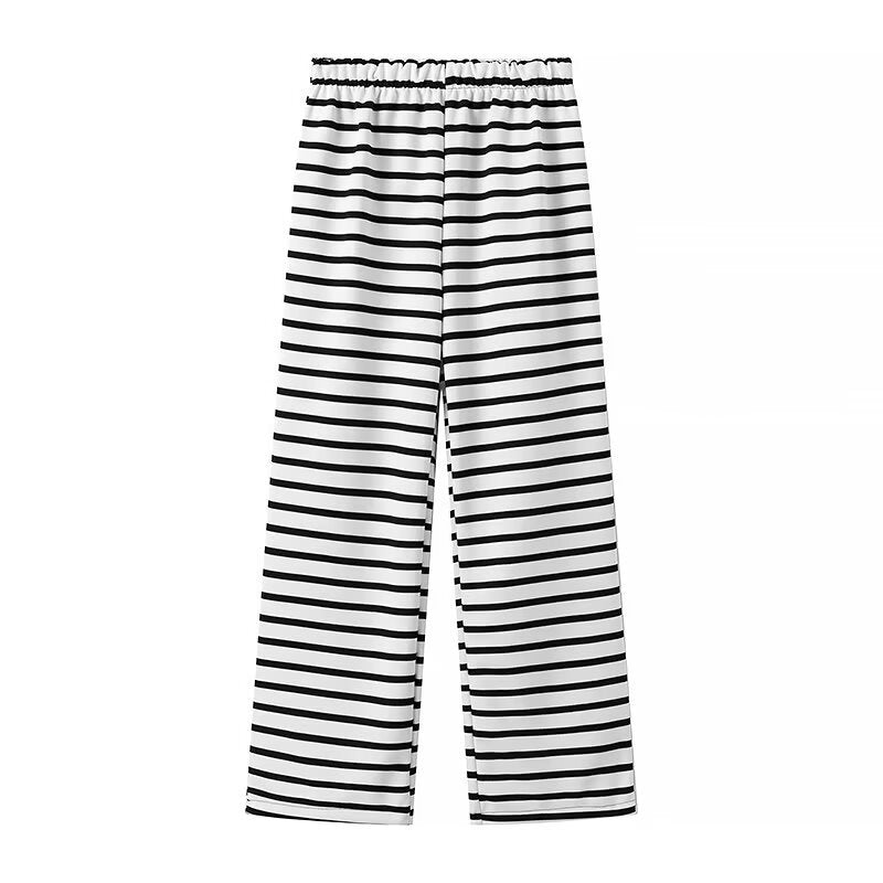 Striped Tie Front Tee and Trouser Set - Black - 3