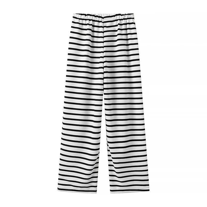 Striped Tie Front Tee and Trouser Set - Black - 4