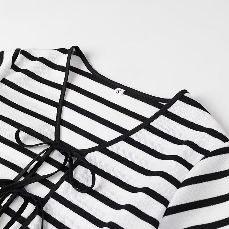 Striped Tie Front Tee and Trouser Set - Black - 6