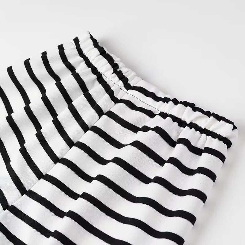 Striped Tie Front Tee and Trouser Set - Black - 9