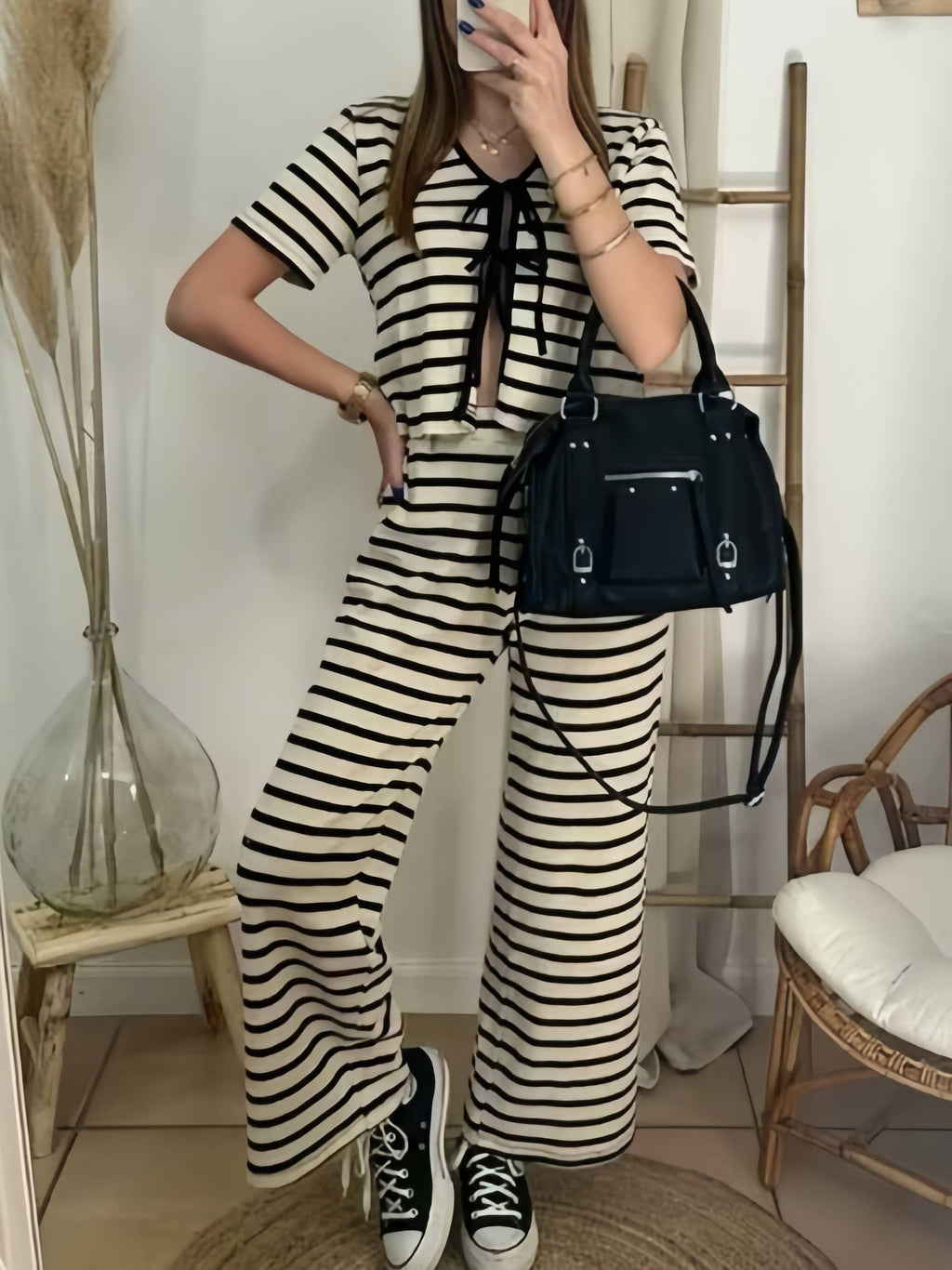Striped Tie Front Tee and Trouser Set
