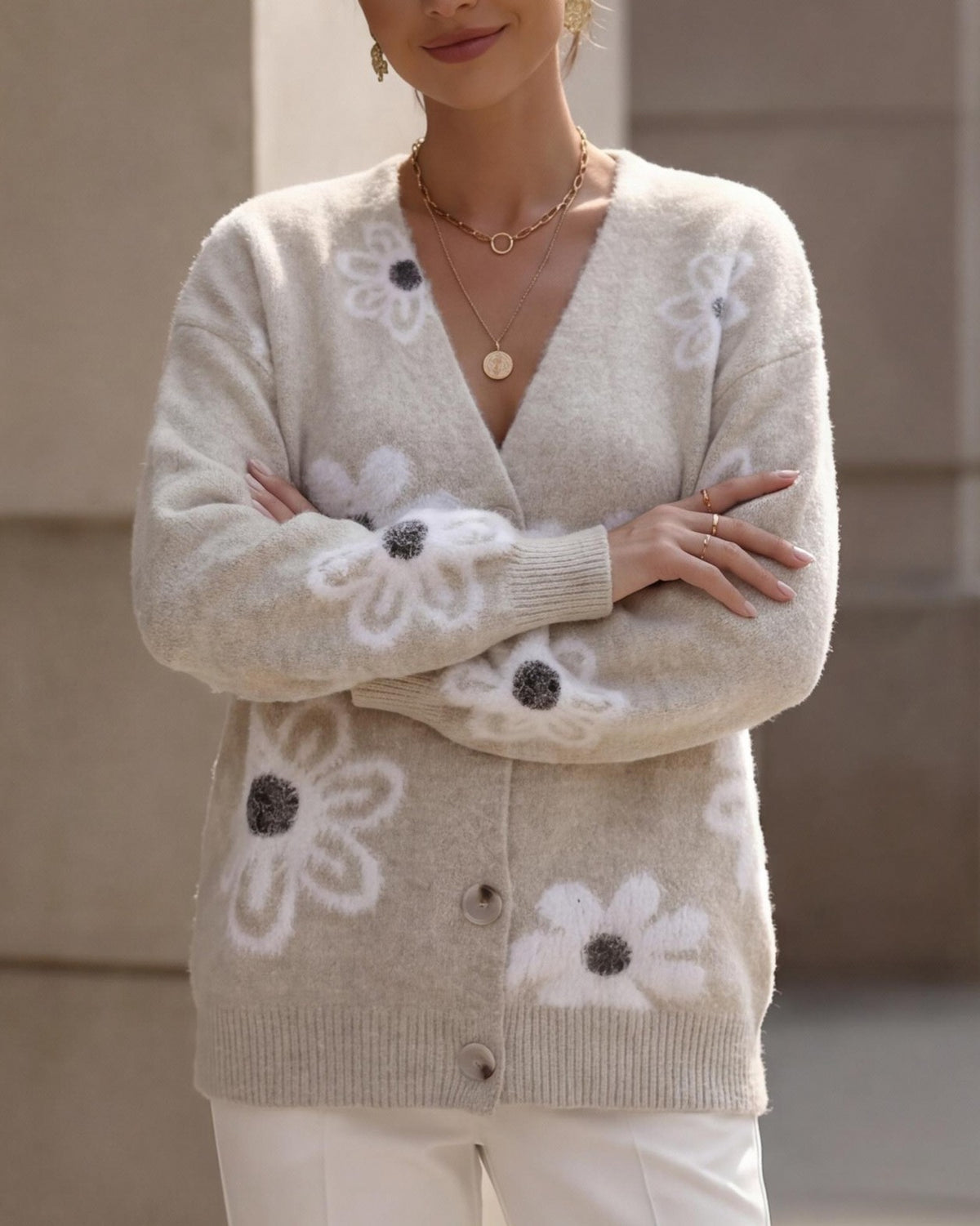 Daisy Motif Button Front Knit Cardigan - Apricot