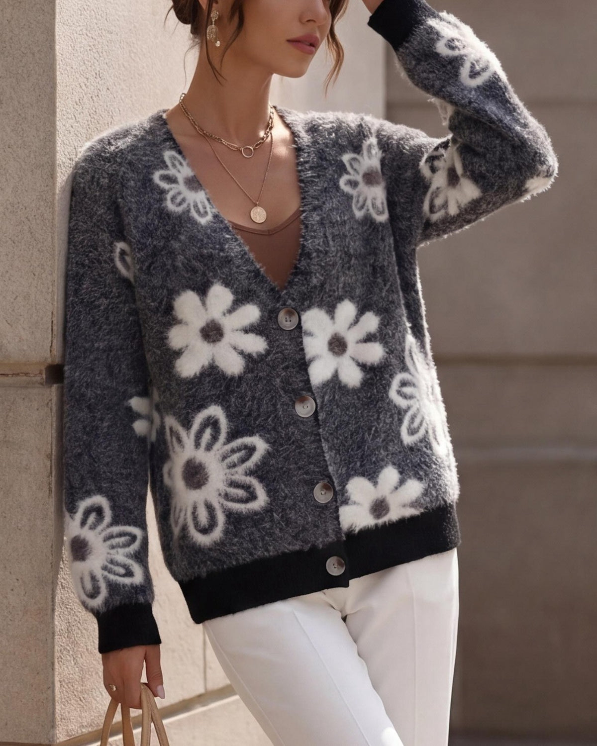 Daisy Motif Button Front Knit Cardigan - Black