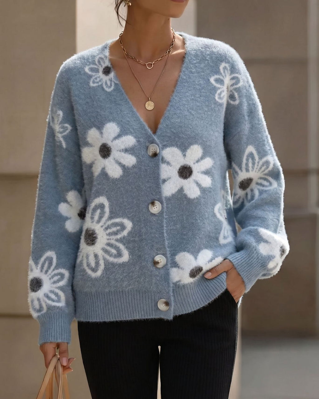 Daisy Motif Button Front Knit Cardigan - Blue