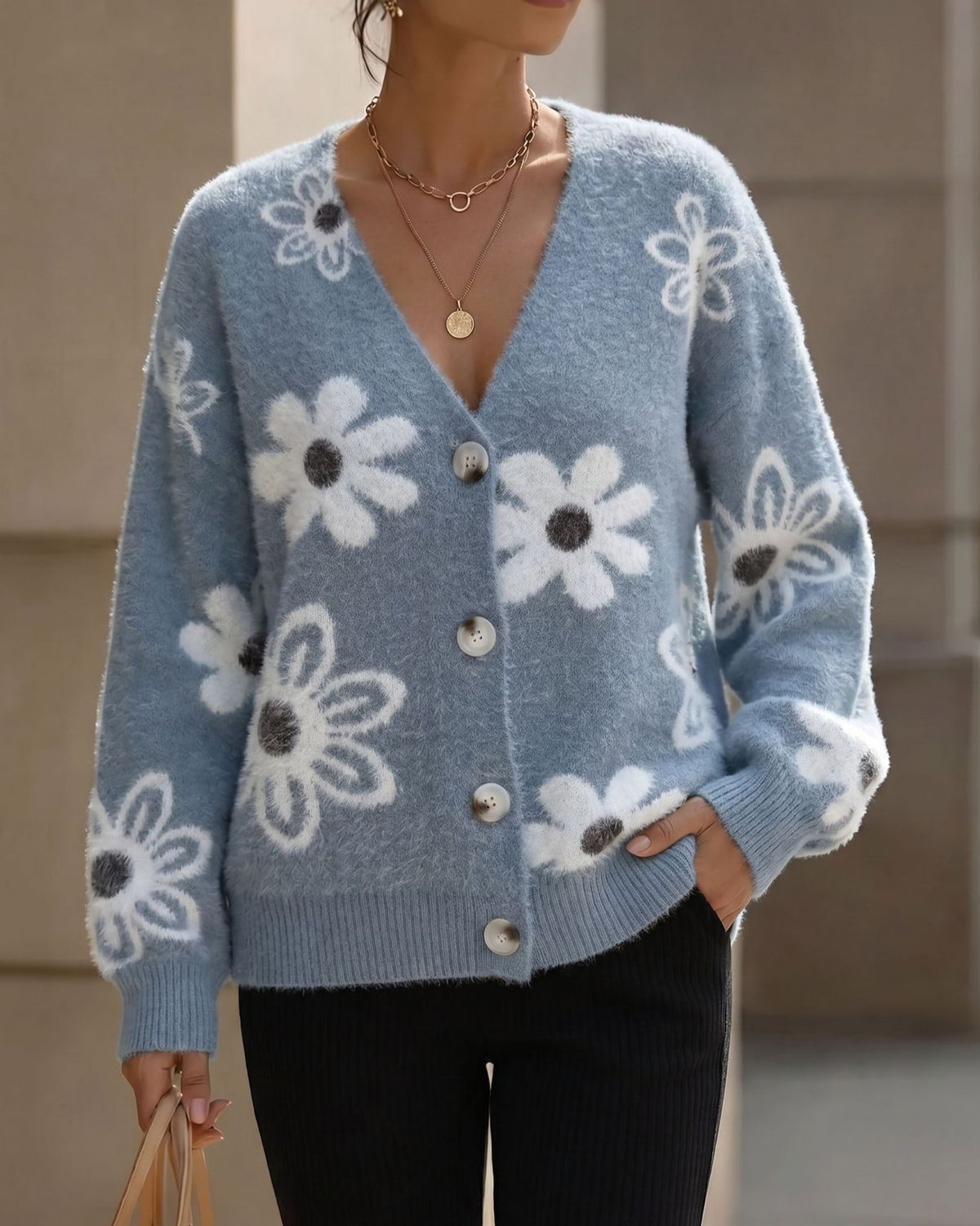 Daisy Motif Button Front Knit Cardigan - Blue