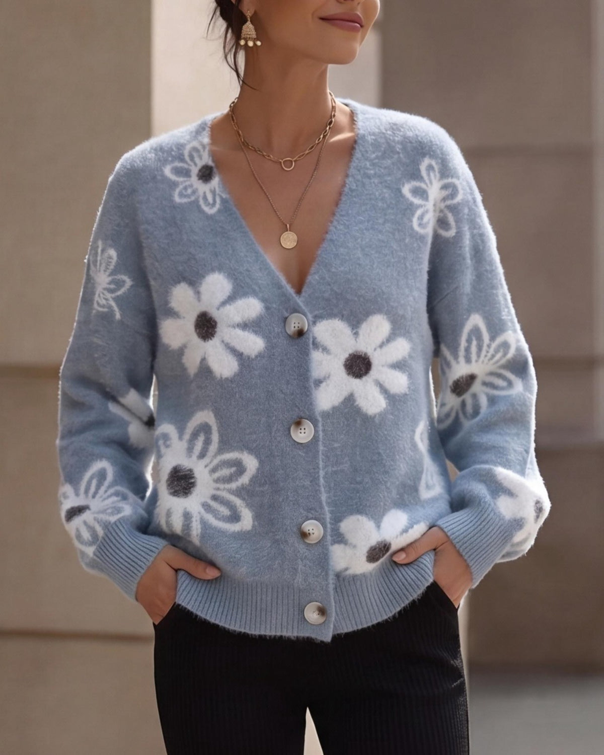 Daisy Motif Button Front Knit Cardigan - Blue - 1