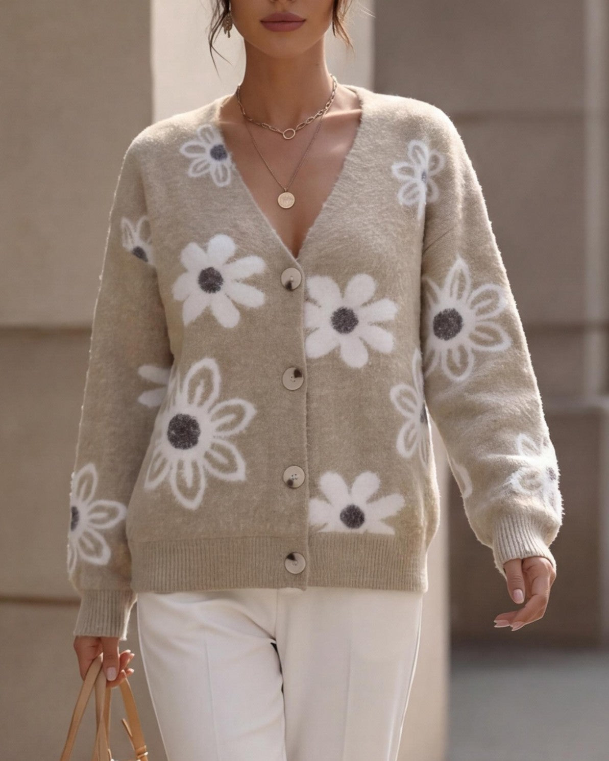 Daisy Motif Button Front Knit Cardigan - Khaki