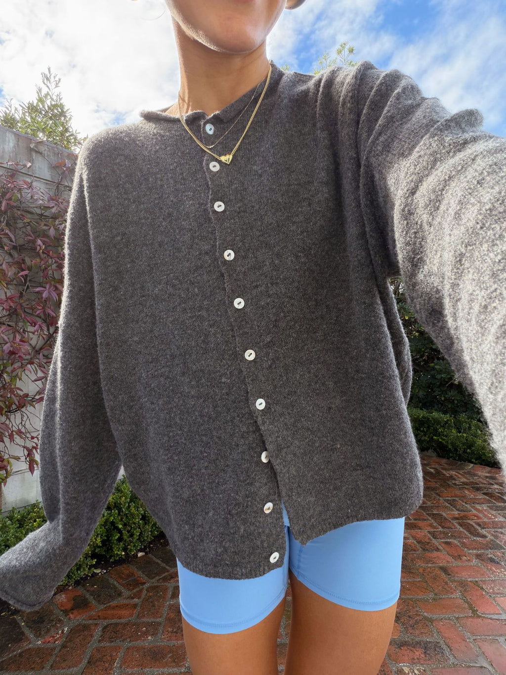 Classic Button Down Crew Neck Cardigan - DarkGrey