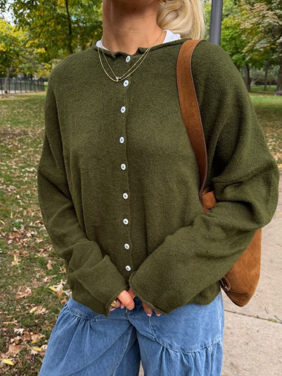 Classic Button Down Crew Neck Cardigan - Olive