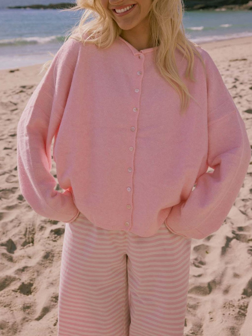 Classic Button Down Crew Neck Cardigan - Pink
