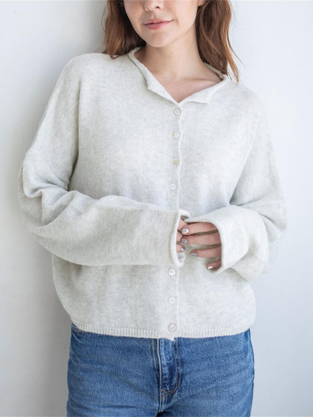 Classic Button Down Crew Neck Cardigan - White