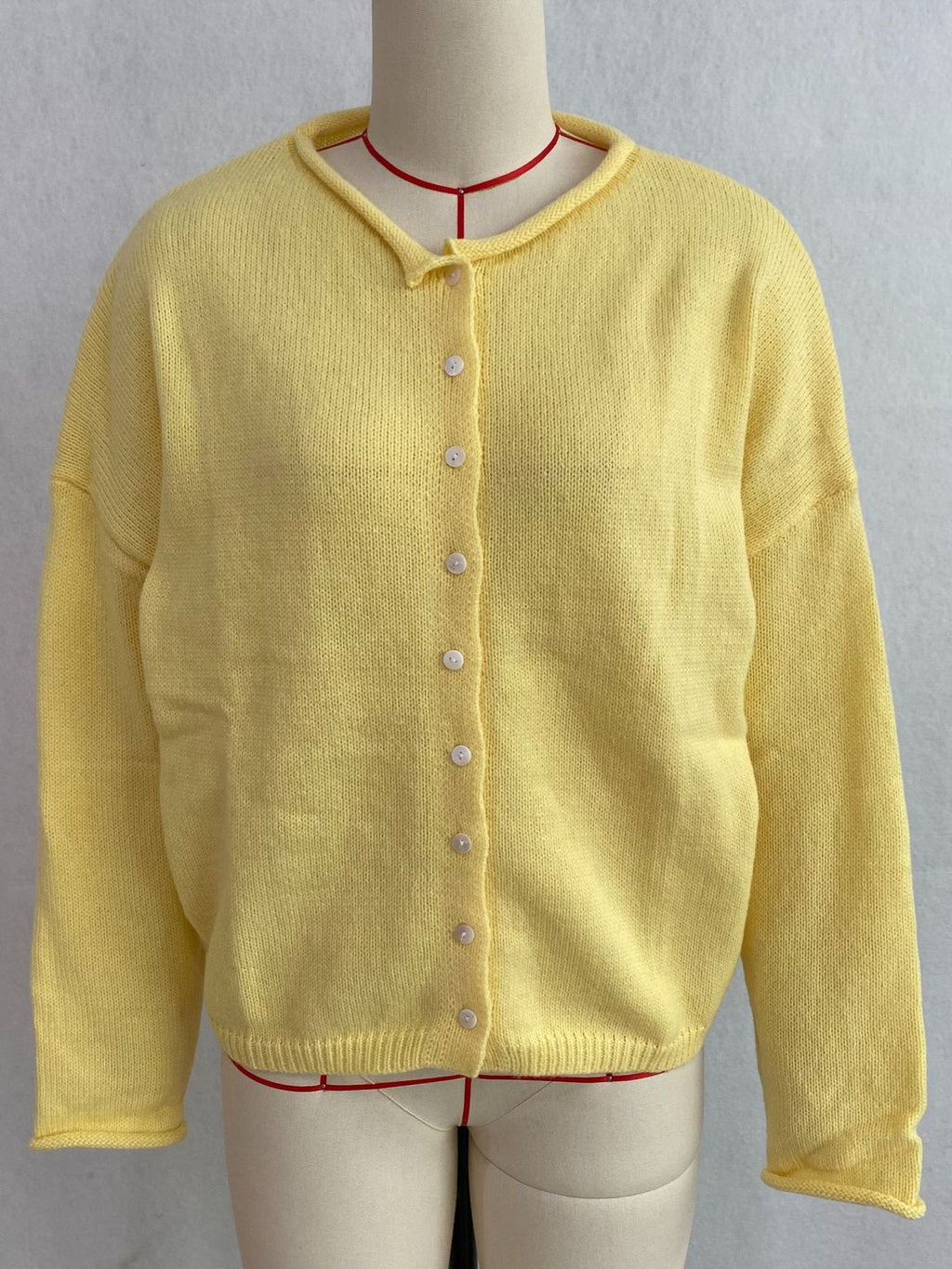 Classic Button Down Crew Neck Cardigan - Yellow