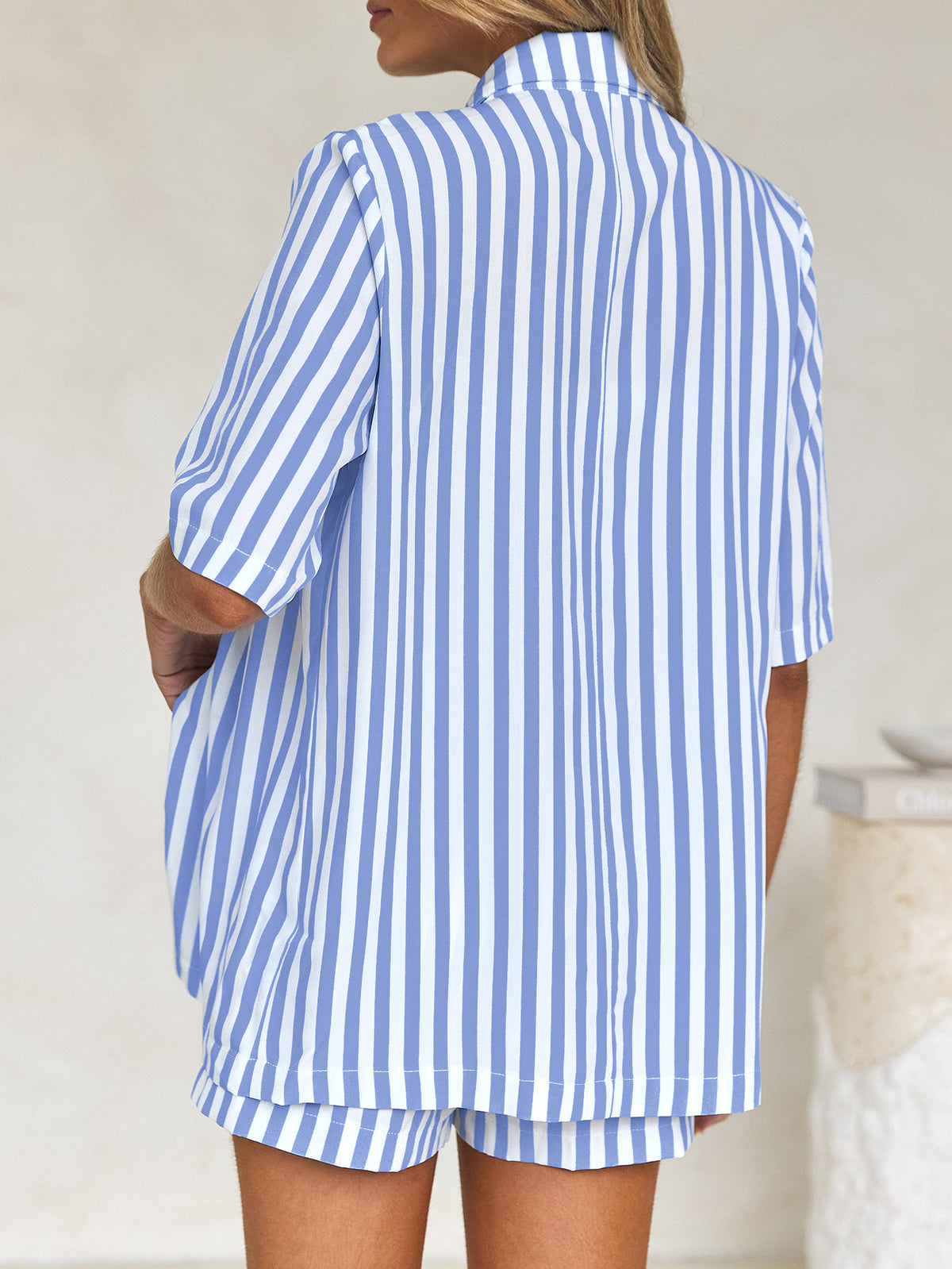 Candy Stripe Oversized Shirt Shorts Set - Blue - 1