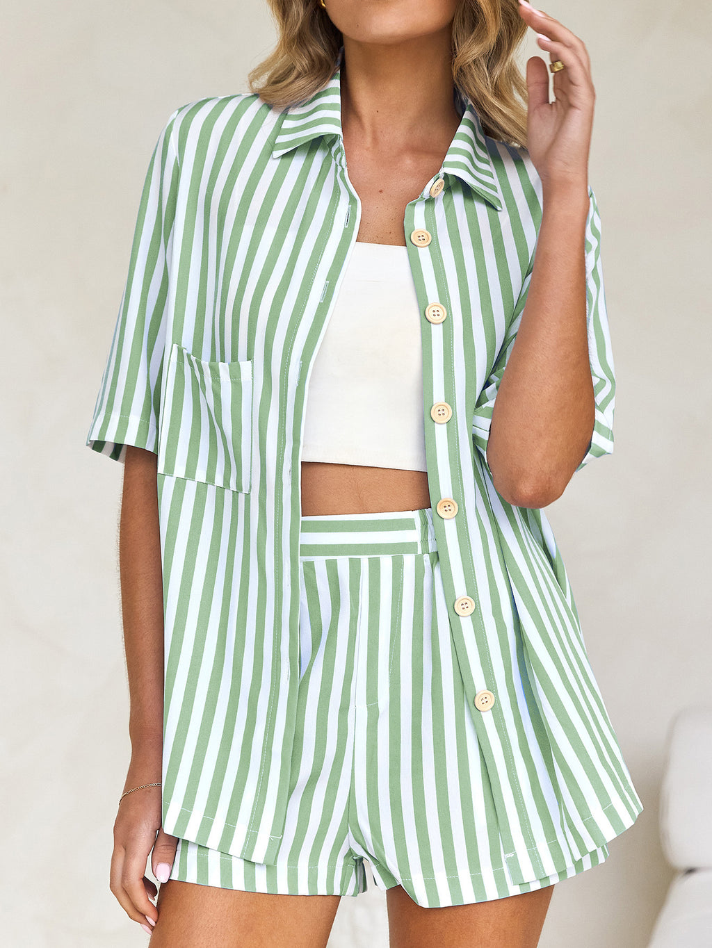 Candy Stripe Oversized Shirt Shorts Set - Green