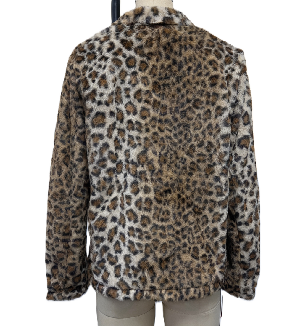 Leopard Faux Fur Notch Collar Jacket - Leopard - 1