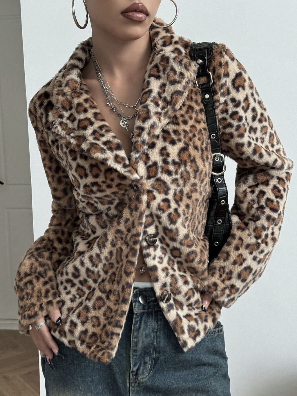 Leopard Faux Fur Notch Collar Jacket - view 1
