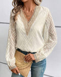 Lace Trim V Neck Textured Chiffon Blouse - Apricot