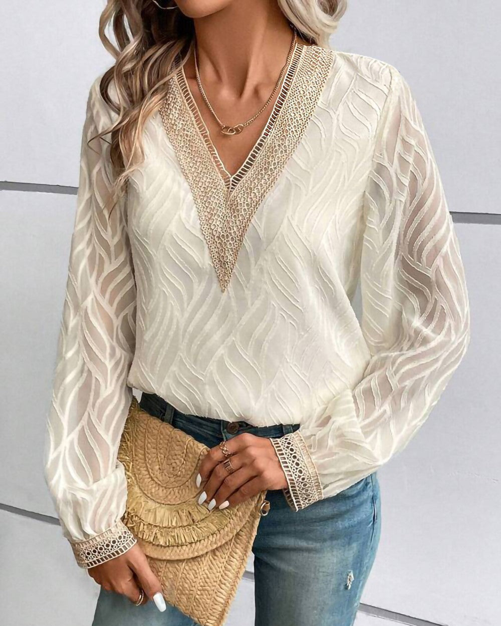Lace Trim V Neck Textured Chiffon Blouse - Apricot