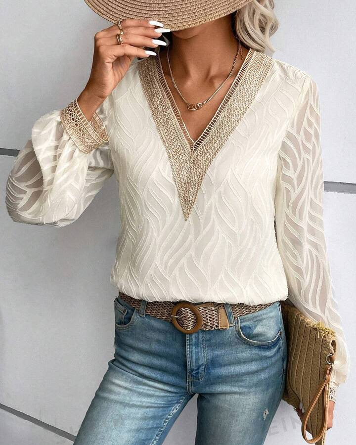 Lace Trim V Neck Textured Chiffon Blouse - Apricot - 2
