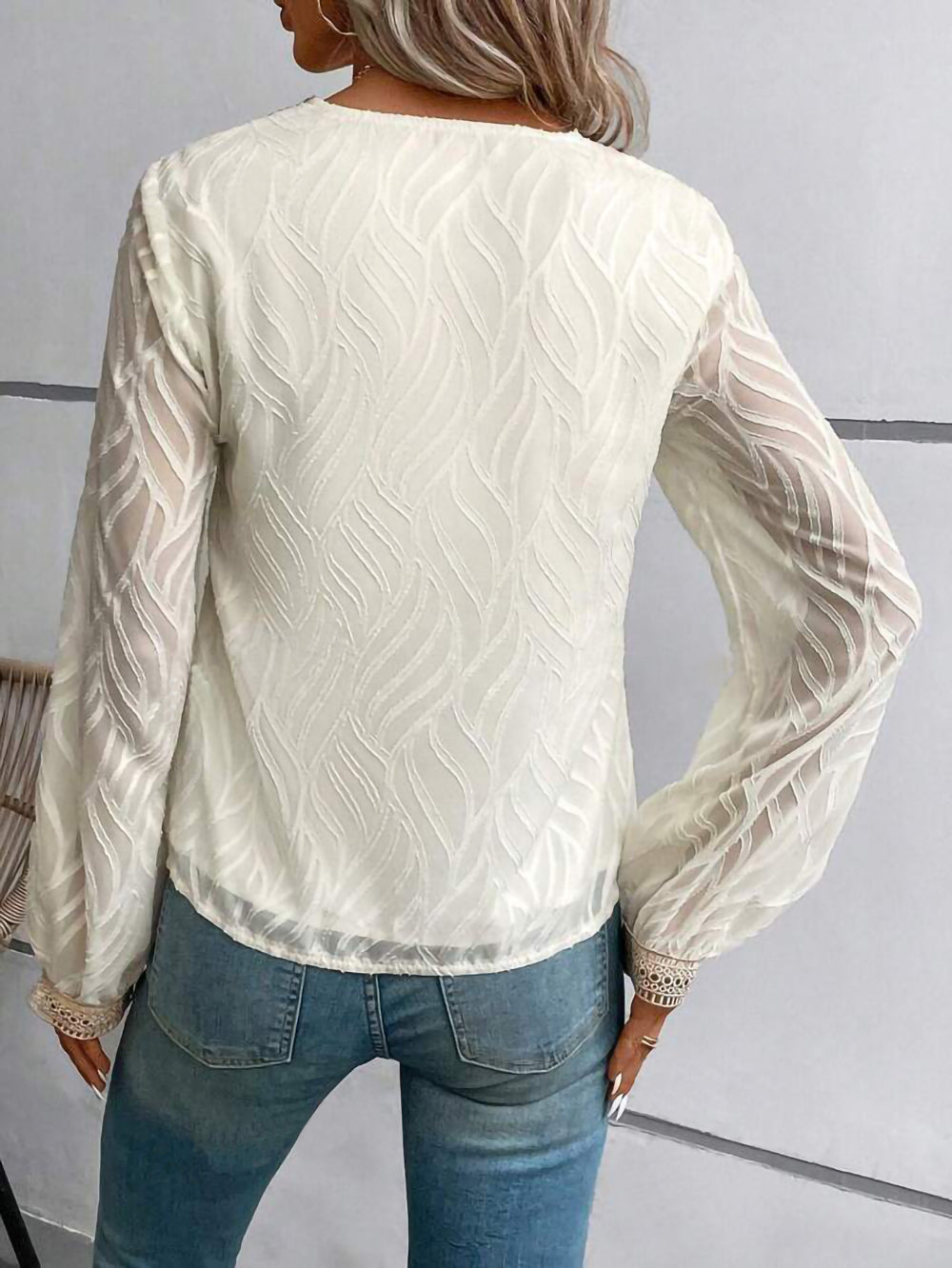 Lace Trim V Neck Textured Chiffon Blouse - Apricot - 3