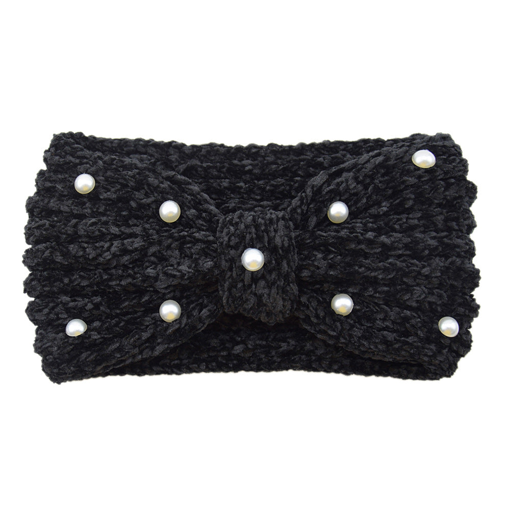 Pearl Beaded Knit Bow Headband - Black