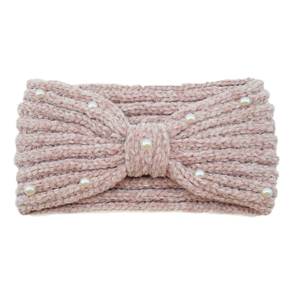 Pearl Beaded Knit Bow Headband - Pink
