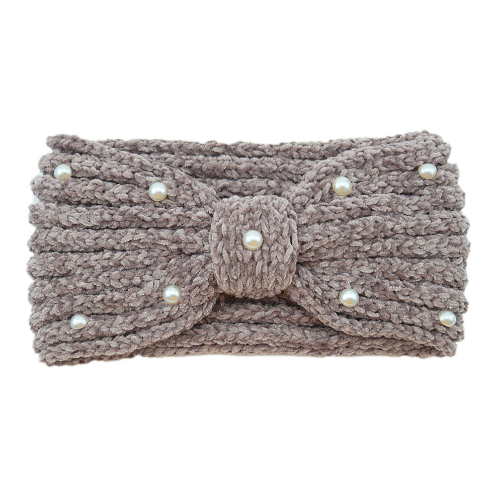 Pearl Beaded Knit Bow Headband - Taupe