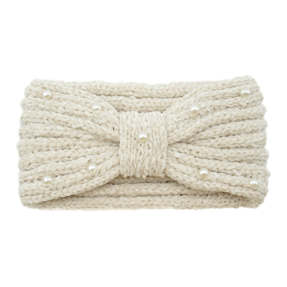 Pearl Beaded Knit Bow Headband - White