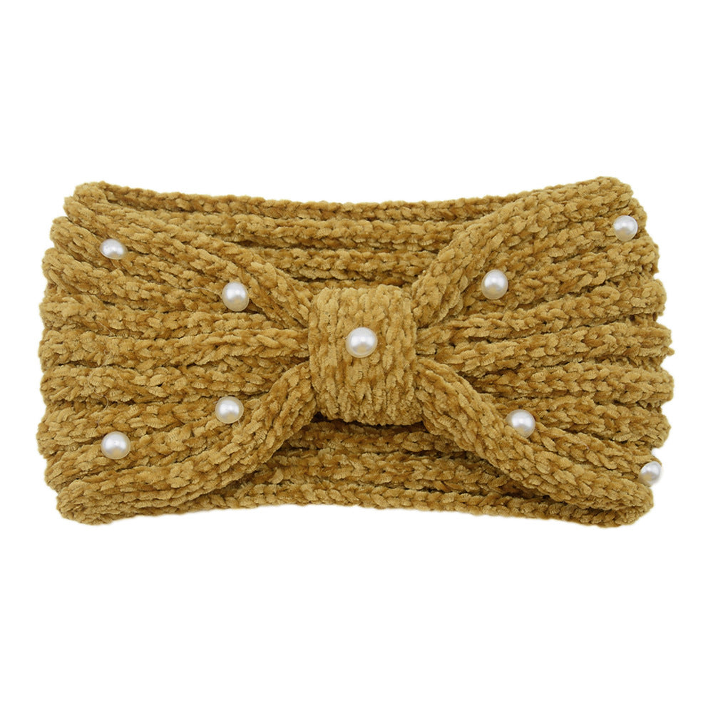 Pearl Beaded Knit Bow Headband - Yellow