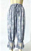 Floral Lace Ruffle Cuff Cropped Bloomer Pants - Blue