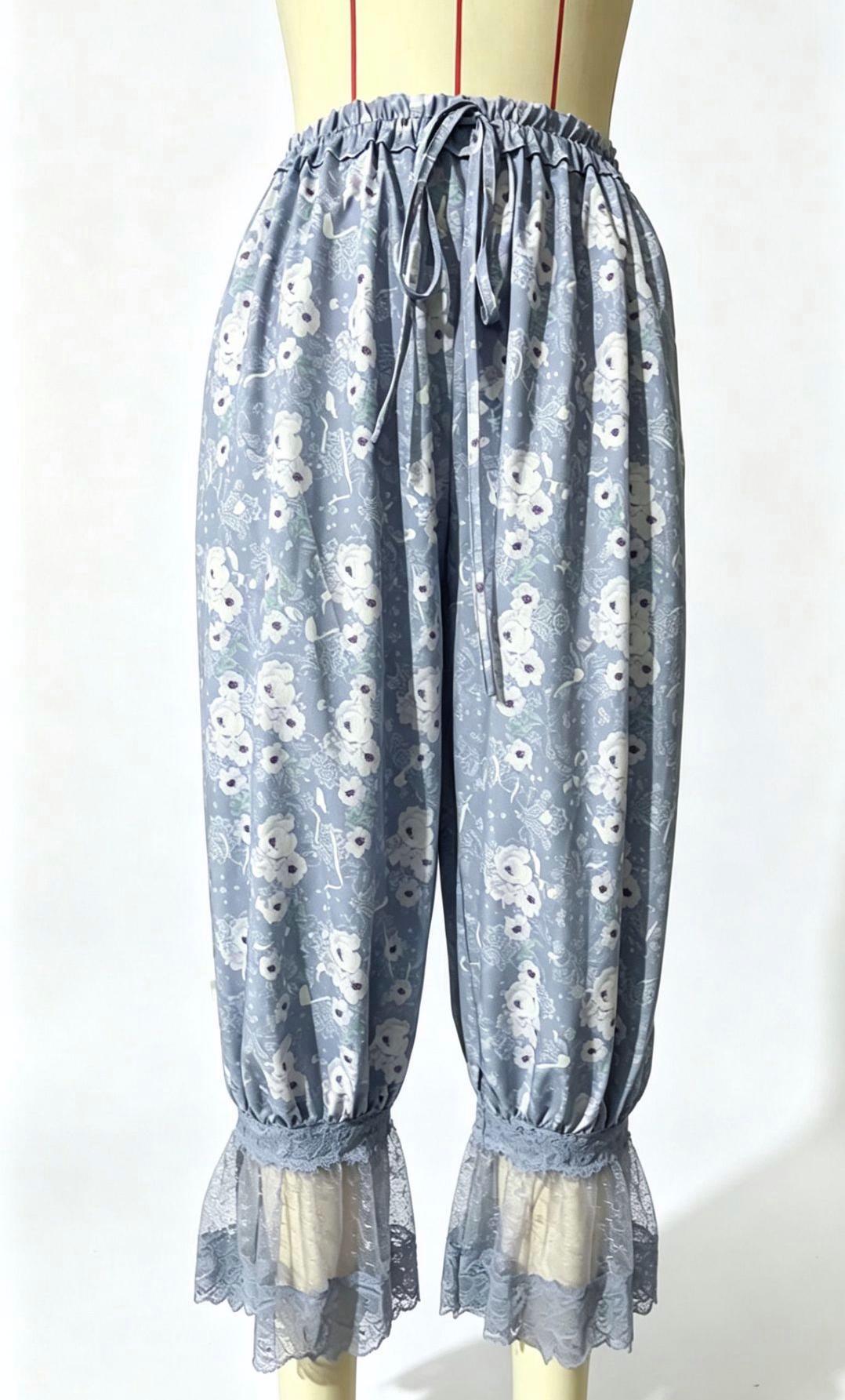 Floral Lace Ruffle Cuff Cropped Bloomer Pants - Blue