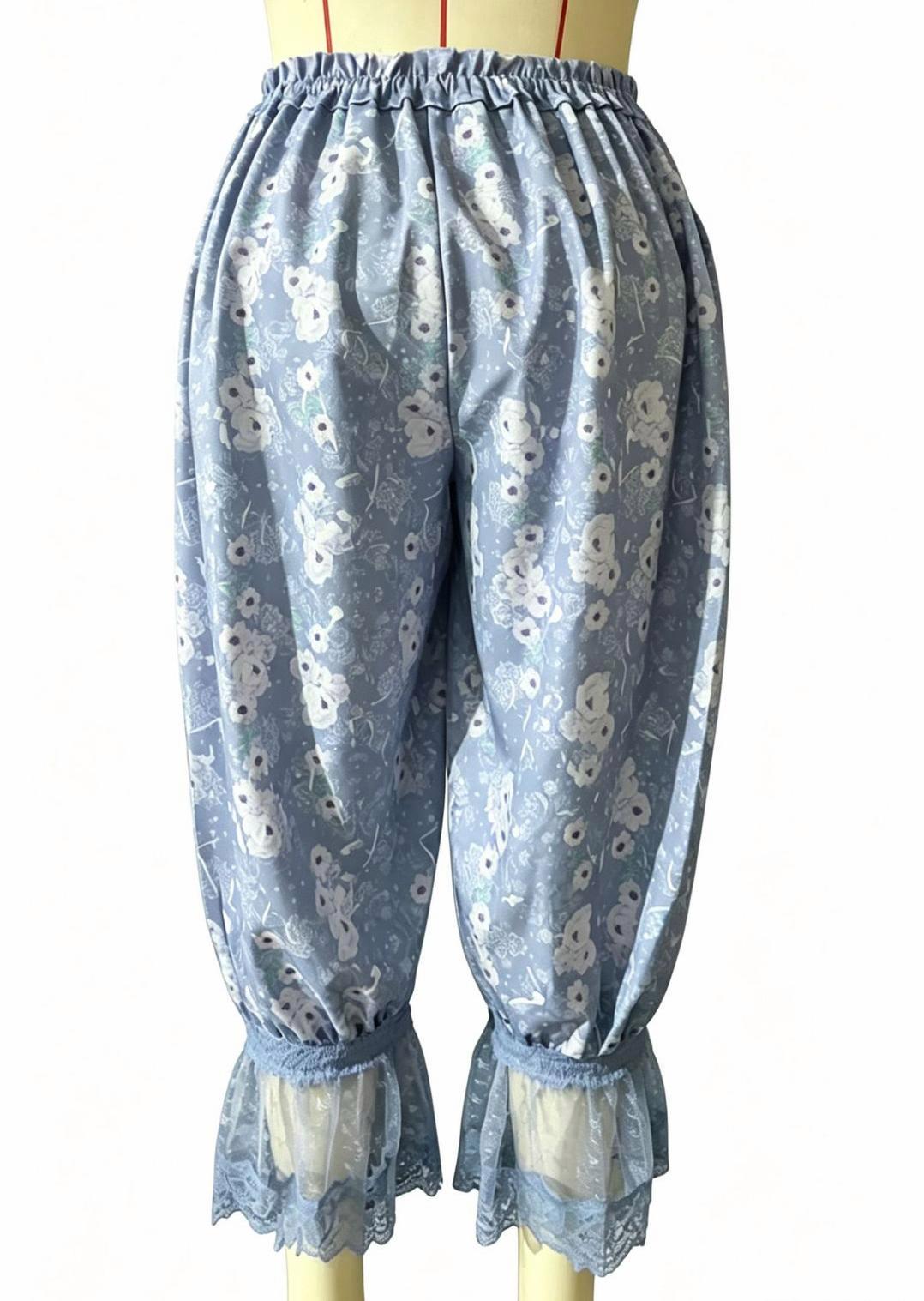 Floral Lace Ruffle Cuff Cropped Bloomer Pants - Blue - 1
