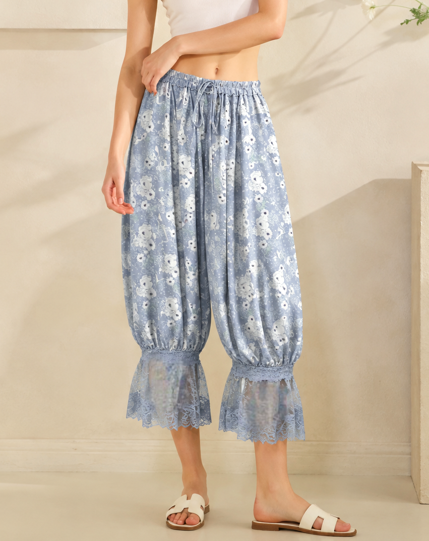Floral Lace Ruffle Cuff Cropped Bloomer Pants - Blue - 3