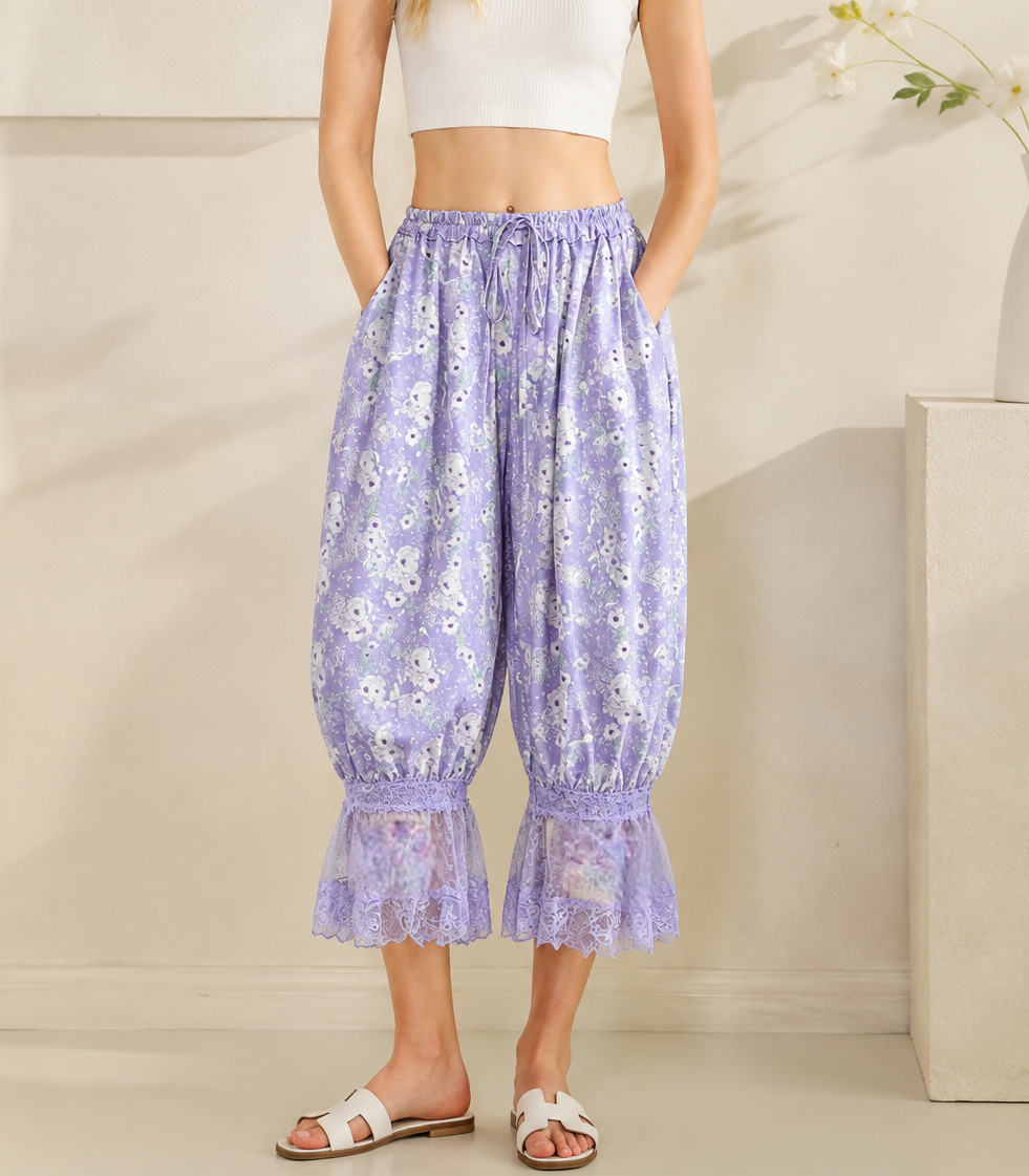 Floral Lace Ruffle Cuff Cropped Bloomer Pants - Purple