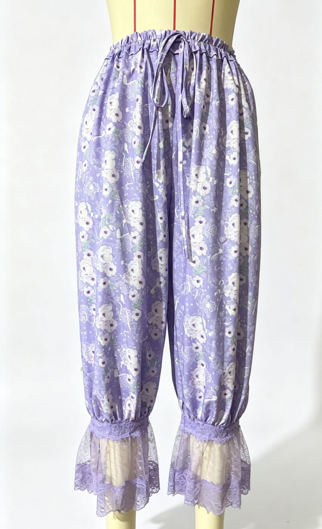 Floral Lace Ruffle Cuff Cropped Bloomer Pants - Purple - 1