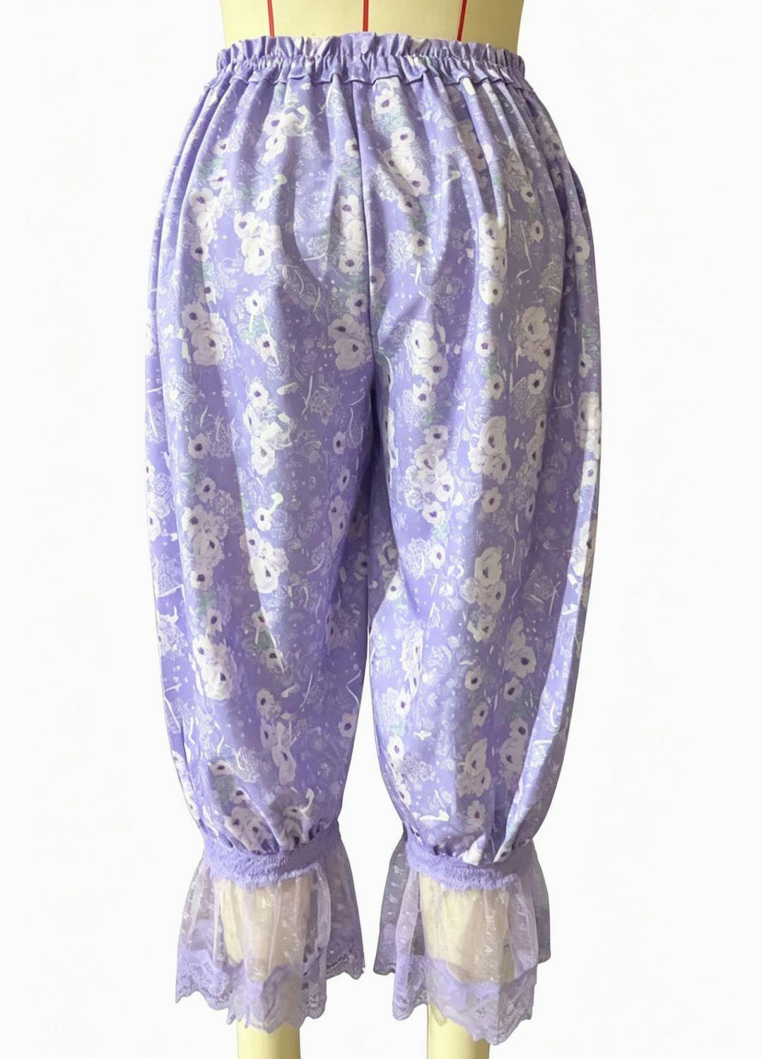 Floral Lace Ruffle Cuff Cropped Bloomer Pants - Purple - 3