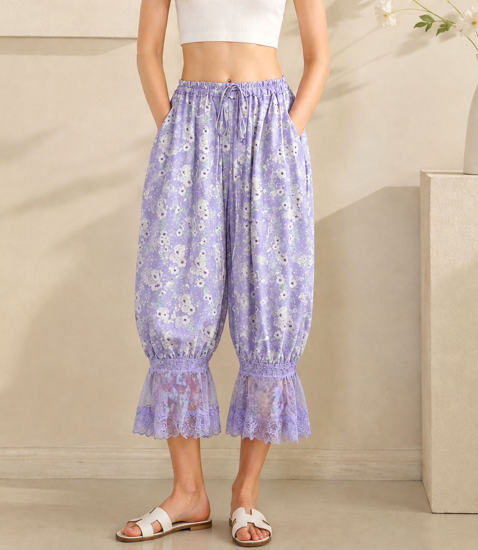 Floral Lace Ruffle Cuff Cropped Bloomer Pants - Purple - 4