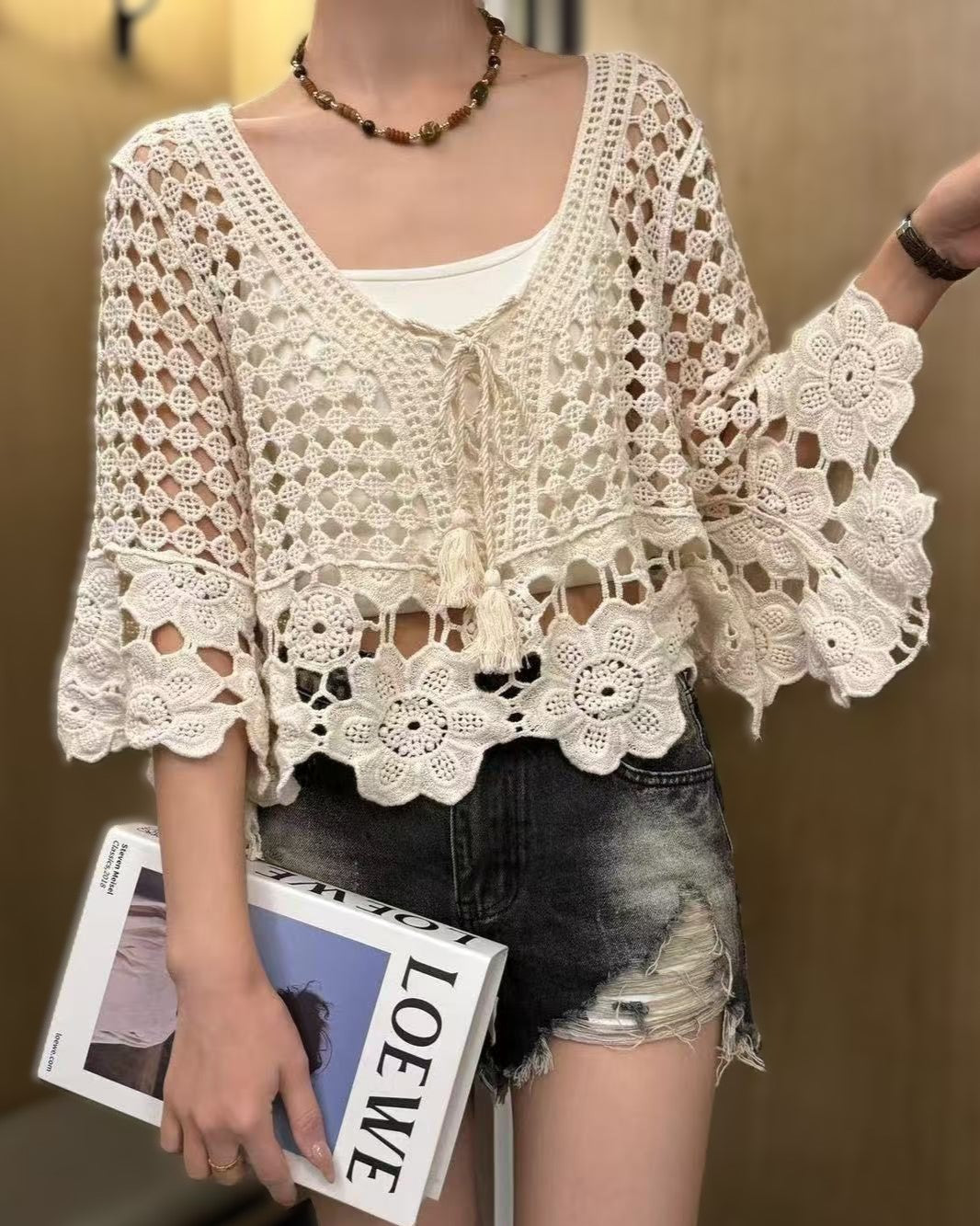 Crochet Floral Open Knit Flare Sleeve Top - Apricot