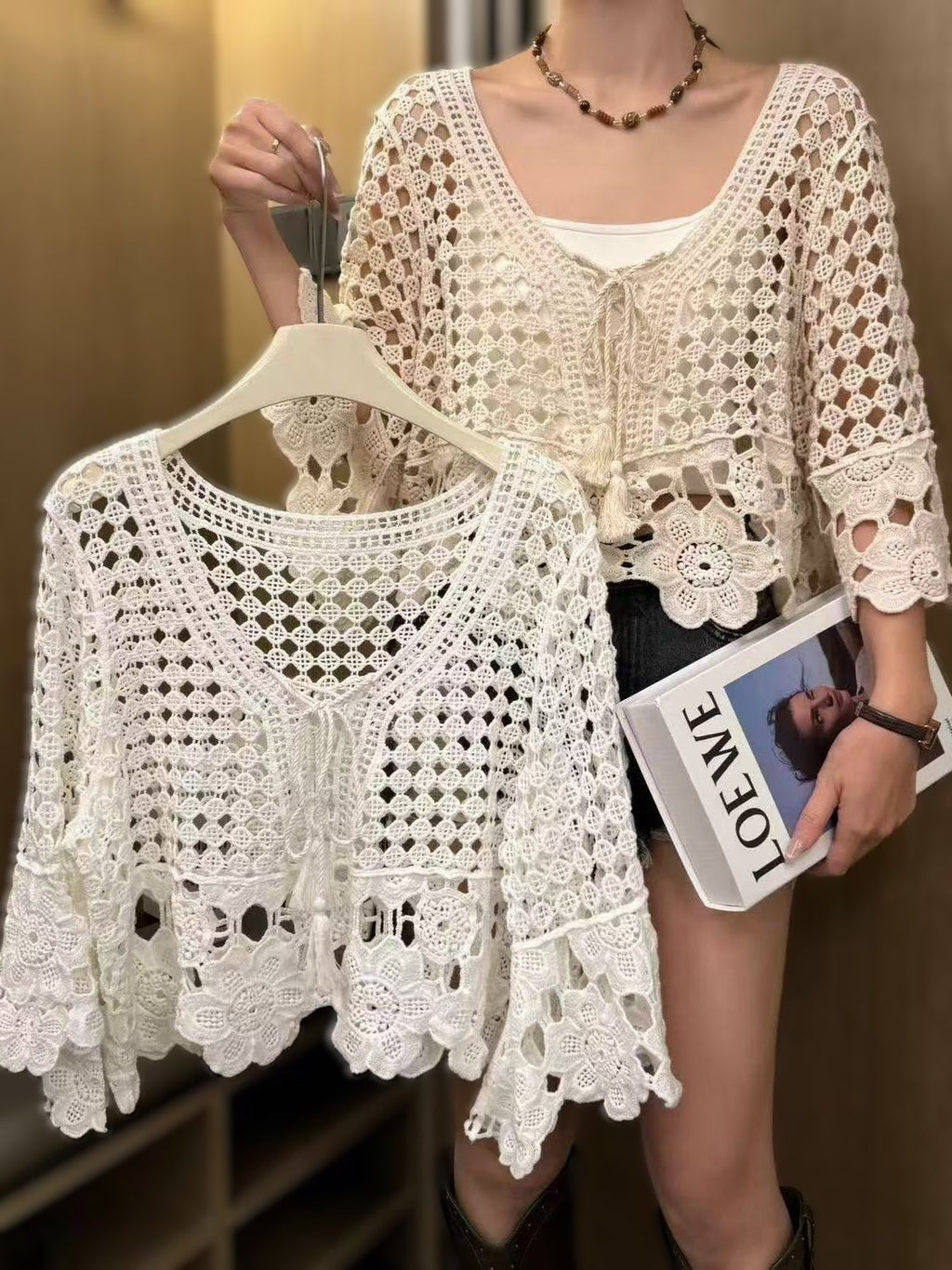 Crochet Floral Open Knit Flare Sleeve Top - White