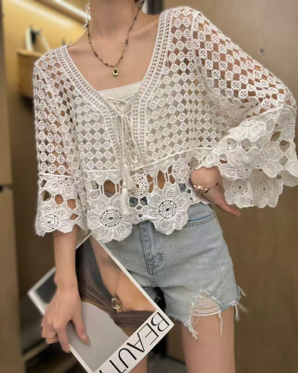 Crochet Floral Open Knit Flare Sleeve Top - White - 1