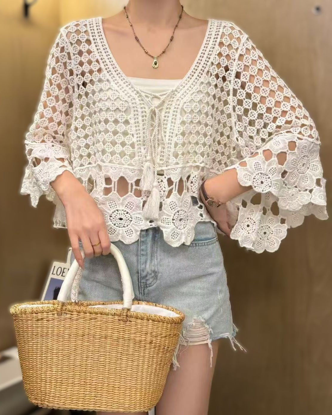 Crochet Floral Open Knit Flare Sleeve Top - White - 2