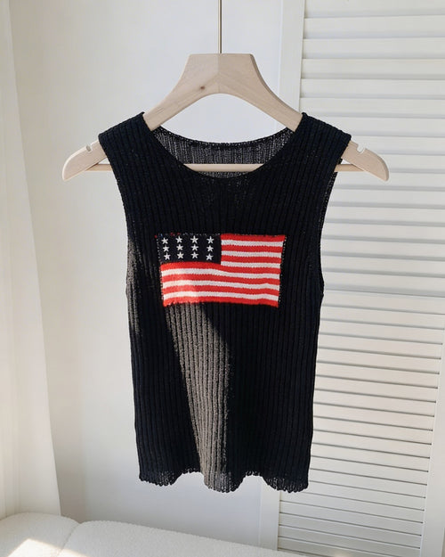 American Flag Patch Sleeveless Knit Top - Black