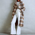 Plaid Longline Coat With Notch Collar - Camel