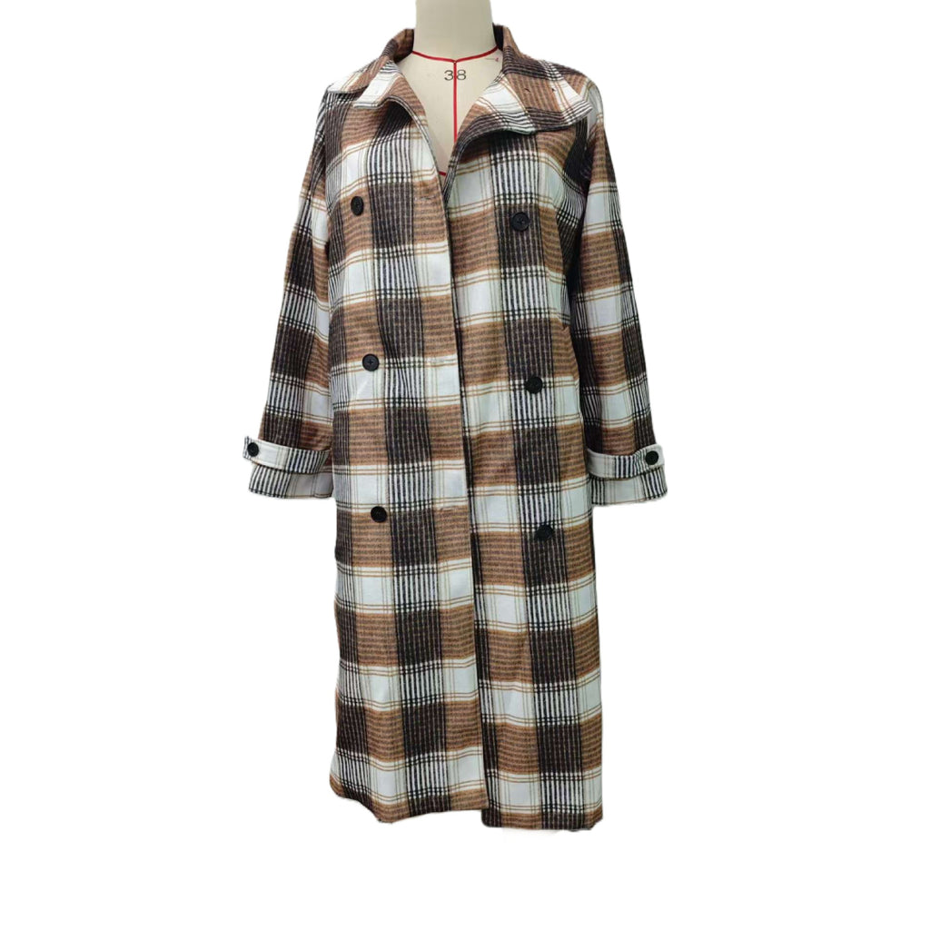 Plaid Longline Coat With Notch Collar - Camel - 1