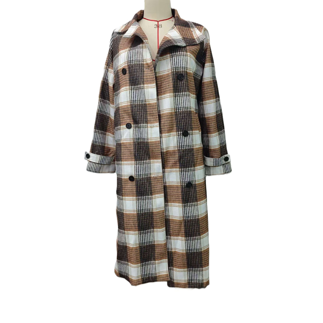 Plaid Longline Coat With Notch Collar - Camel - 1